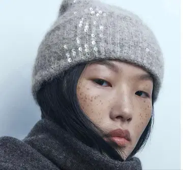 스팽글 니트 모자 비니 자라 그레이
