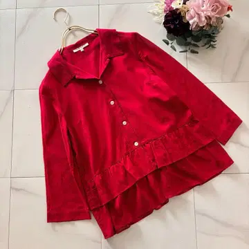 HANAEMORI 빨간색 셔츠 페플럼 프릴 7부 소매 풀오버 9호