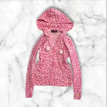헤이세이 갸루 핑크 표범 무늬 집업 후드티 폼폼 XS~S 상당