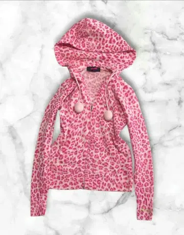 헤이세이 갸루 핑크 표범 무늬 집업 후드티 폼폼 XS~S 상당