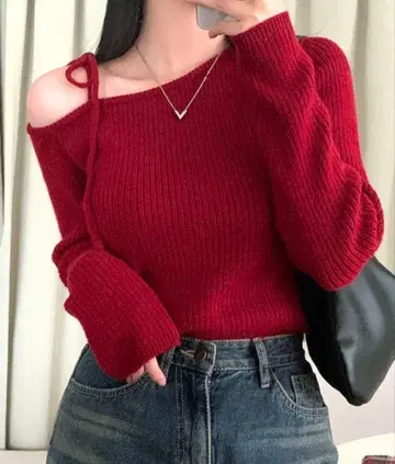 Riff 리본 원숄더 니트 빨간색 프리 사이즈