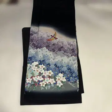 c12167 블랙 전통 예복 기모노 꽃과 새 디자인