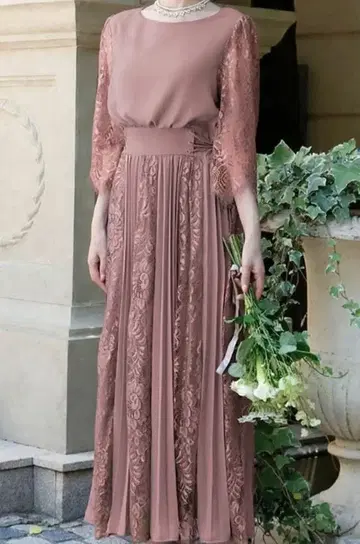 레이스 장식 긴팔 롱 원피스 보라색.핑크