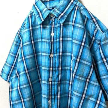 시더 우드 체크 구제 의류 반팔 셔츠 블루 파랑
