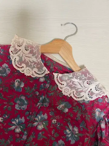 꽃무늬 롱 원피스 레이스 카라 부착 빈티지 와인 레드 빨간색