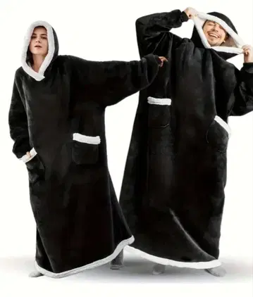 플리스 후드 부착 로브 블랙