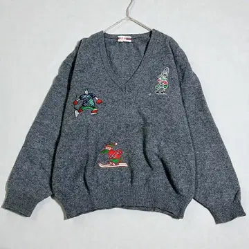 90s 스포츠 자수 V넥 니트 스웨터 L 남성용 그레이 빈티지