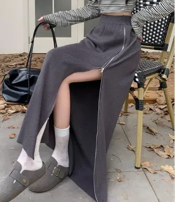 그레이 사이드 지퍼 타이트 롱 스커트