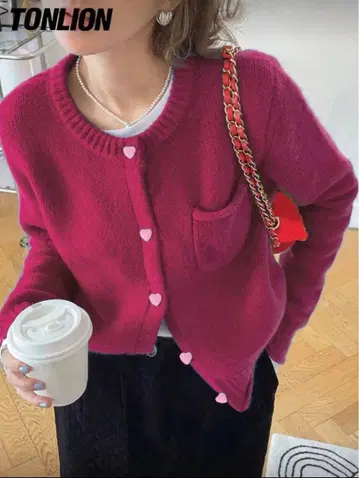 가디건 핫핑크 하트