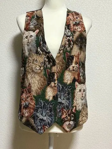 고블랑 고양이 패턴 베스트 USA 빈티지 구제 의류
