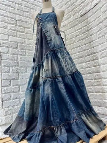 리메이크 데님 홀터넥 체크 셔츠 도킹 어레인지 원피스