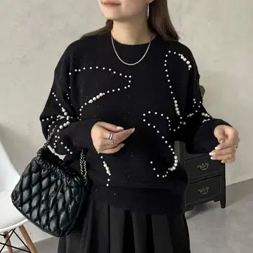 [ prose verse ] 펄 웨이브 라인 니트 블랙 비쥬 라메