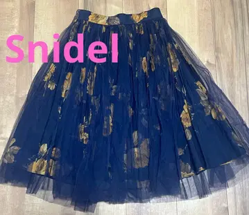 [ Snidel ] 네이비 꽃무늬 튤 플레어 스커트