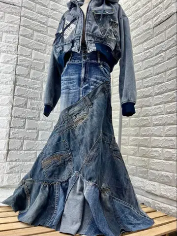 리메이크 데님 점퍼 자켓 & 롱 스커트 셋업