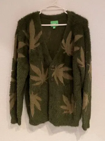 HUF 가디건 올리브 그린 잎 패턴