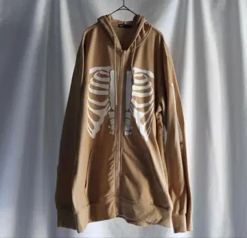 Y2K archive 베이지 스켈레톤 스컬 지퍼 후드티 뼈 패턴