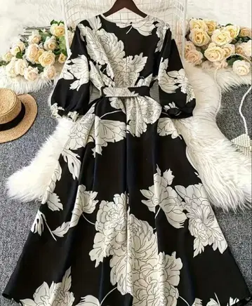 빅 패턴 플라워 x 블랙 허리 리본 원피스 4L