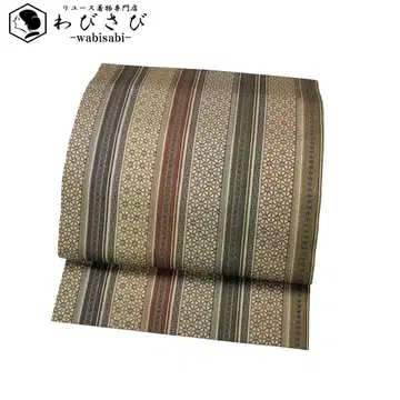 나고야 오비 세로 줄무늬에 꽃무늬 실크 쥐색 O-5460