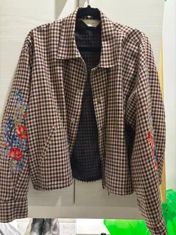 JieDa 체크 무늬 꽃무늬 자수 자켓