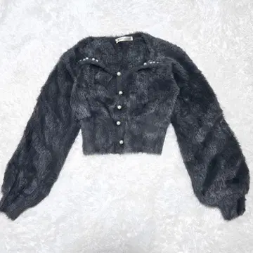 고양이 같은 촉감 페더 니트 가디건 그레이 펄 버튼 숏 기장