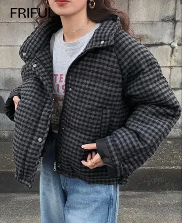 SHEIN FRIFUL 충전솜 다운 자켓 블랙 체크