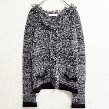 이마쥬 컬렉션 가디건 프린지 울 혼방 네이비 S 라메 뜨개질