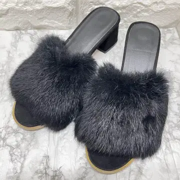 클리닝 완료 퍼 샌들 뮬 36 블랙 와이드 힐