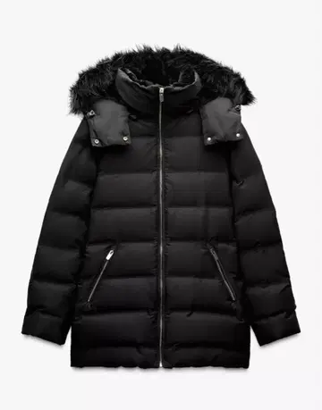 zara 세미롱 기장 후드 부착 다운 자켓