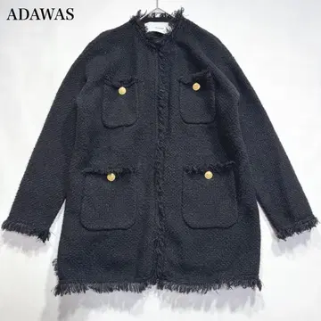 아다와스 니트 트위드 4 포켓 자켓 골드 버튼 노카라 블랙