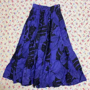 빈티지 구제 의류 개더 올 패턴 리프 무늬 롱 스커트 플레어