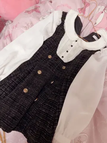 LIZLISA 트위드 레이스 카라 부착 블랙 화이트 셋업