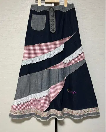 새상품급 베티즈 블루 데님 롱 스커트 체크 프릴 핑크 로고