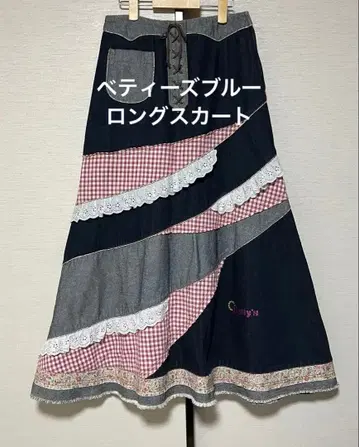 새상품급 베티즈 블루 데님 롱 스커트 체크 프릴 핑크 로고
