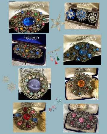 Czech제 빈티지 브로치 오벌 멀티 컬러 외 7점