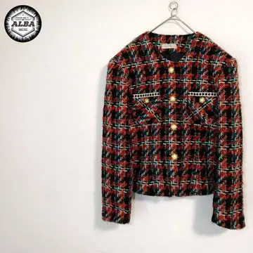 테일러드 자켓 트위드 펄 버튼 레트로 빨간색 블랙 L