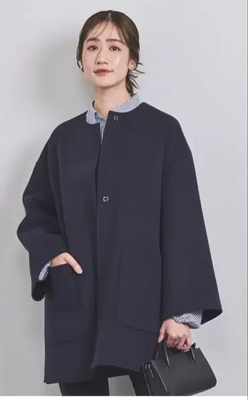 유나이티드 애로우즈 바이컬러 리버 미들 코트 네이비 36