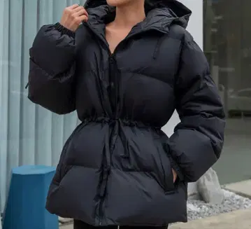 블랙 후드 부착 다운 자켓 L