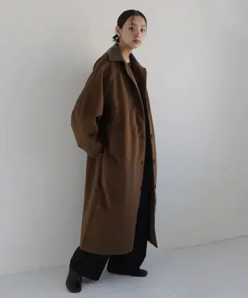 모사 벨트 포함 롱 코트 가죽 옷깃 롱 코트 브라운 hellam