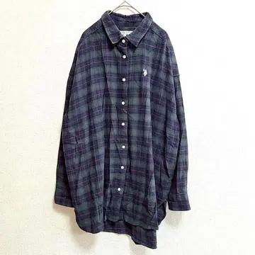 유에스폴로아순 셔츠 면 100% 네이비 그린 체크 무늬 3L
