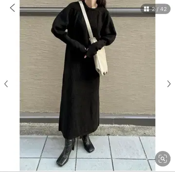 리디 손가락 구멍 볼륨 슬리브 하찌 짜임 리브 니트 원피스 블랙 L