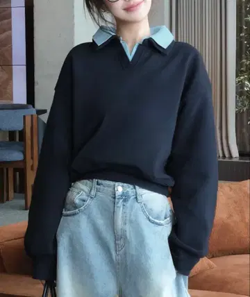 callautia 네이비 V넥 맨투맨 피케 셔츠 긴팔