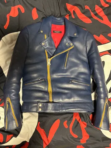 iade leather 네이비 더블 라이더 자켓