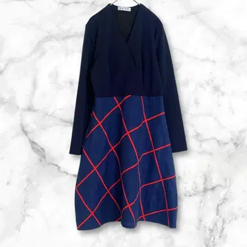 긴팔 원피스 무릎 기장 V넥 올 패턴 네이비 레드 M 상당 스타일리시