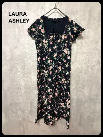 LAURA ASHLEY 롱 원피스 반팔 올 패턴 꽃무늬 가슴 리본
