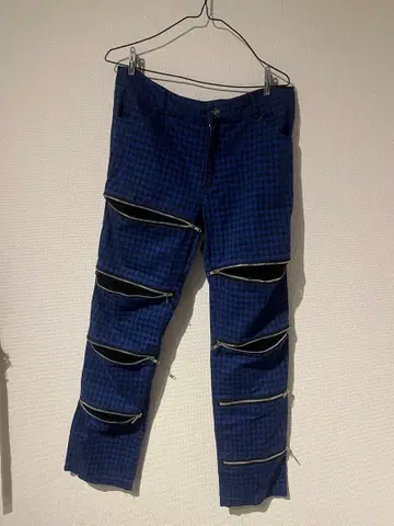 파랑 체크 무늬 지퍼 팬츠