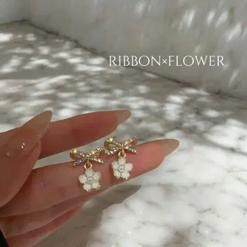 리본 꽃 골드 화이트 귀걸이 고급 한국 크리스탈 기프트