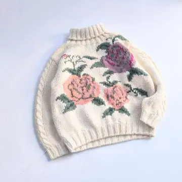 터틀넥 빈티지 니트 꽃무늬 울 핸드니트 C5