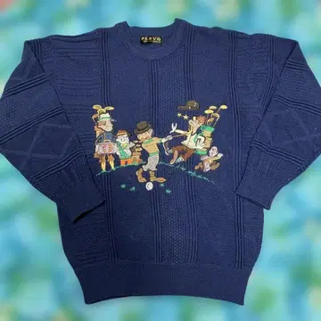 캐릭터 자수 니트 스웨터 네이비