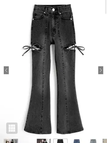 사이드 컷 아웃 리본 플레어 데님 팬츠[cu578] L 사이즈 블랙