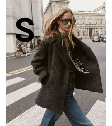 완판템 ZARA 부클 더블 브레스트 미디 기장 코트 S 다크 브라운